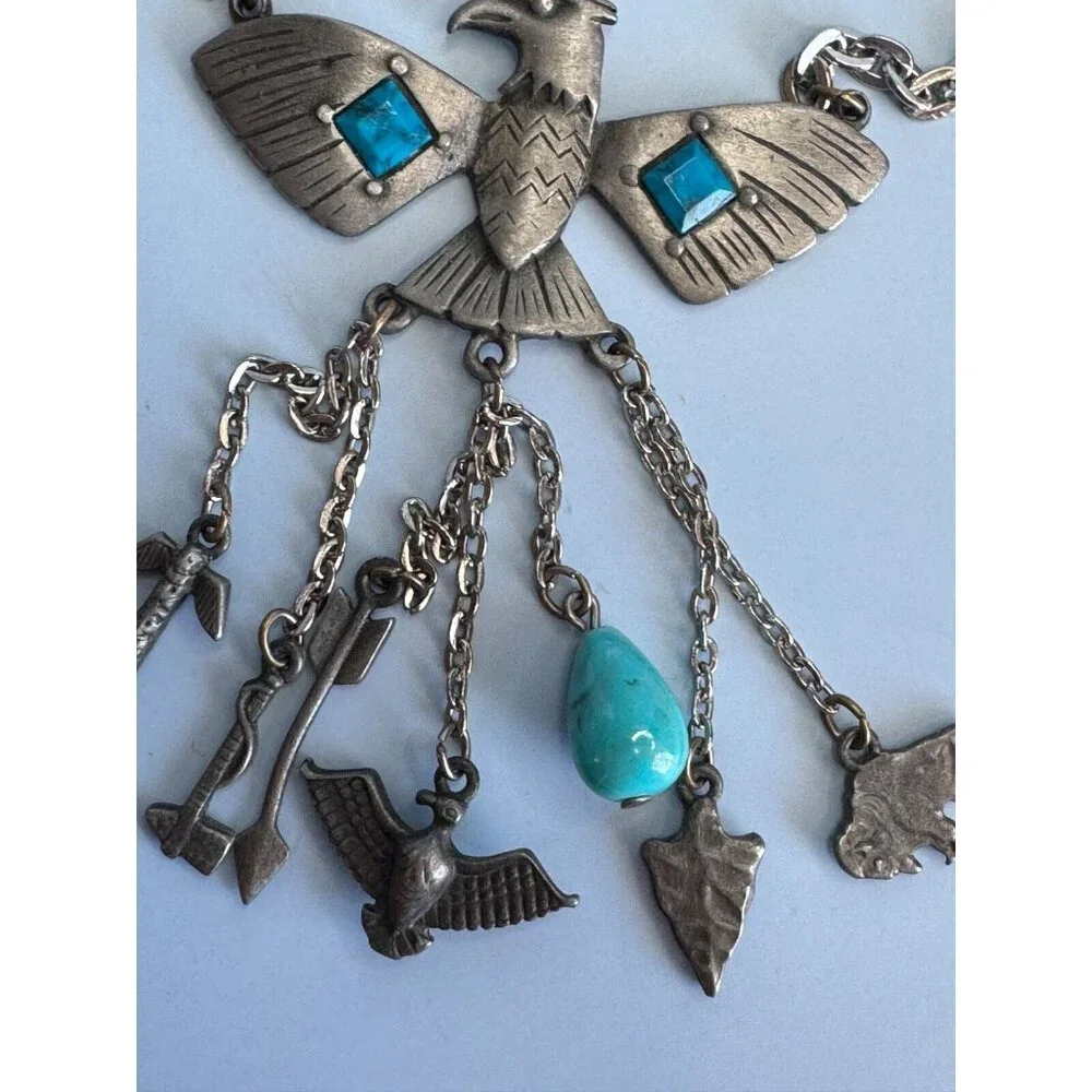 Vintage Park Lane Block Turquoise Tribal Charm Peyote Bird Southwestern Necklace - Picture 5 of 10